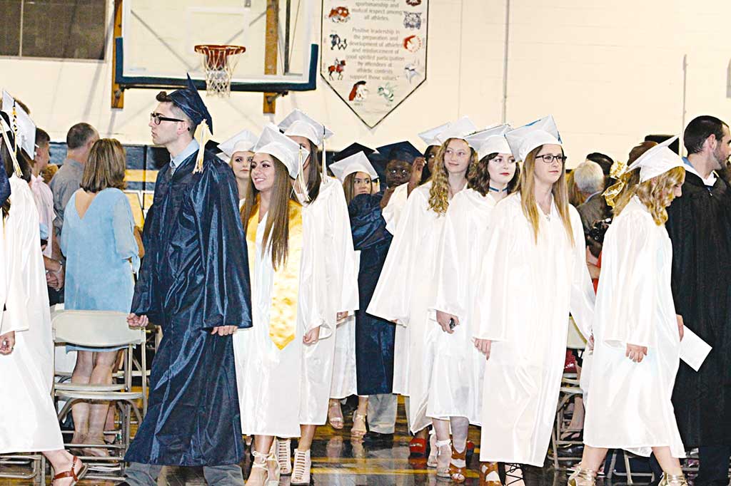 THE 152 members of the Class of 2017 file into the high school gymnasium together for the final time as the LHS band played “Pomp and Circumstance” to kick off Friday’s 58th commencement. (Maureen Doherty Photo)