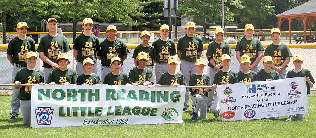 North Reading Little League held the 5th Annual NRLL/Tim Chaloux 12-Year-Old Appreciation Game on Fathers Day, June 18, at Benevento Fields. A total of 21 players participated in this year’s game, which saw the Hammerin’ Hornets defeat the Benevento Bombers, 12-7. The game is the league’s way of thanking its 12-year-olds, who are completing their Small Diamond careers, and is named in memory of Tim Chaloux, a former NRLL standout who died tragically in 2013 when he was a senior at the Pingree School. Playing in this year’s game were: Garrett Arden (Angels), Justin Bailey (Angels), Ryan Baker (Diamondbacks), Adam Bakr (Angels), Alex Carucci (Orioles), Andrew Daley (White Sox), Owen Delano (Diamondbacks), Kevin Doble (Angels), Nick Doucette (White Sox), Justin Lee (Orioles), Ryan McCullough (A’s), Ryan McGuire (Diamondbacks), Jacob Mikulski (A’s), Brady Miller (White Sox), Sam Morelli (Orioles), Brady O’Connor (A’s), Giovanni Pagliuca (Diamondbacks), Liam Rodger (Royals), Zachary Rosatone (Angels), Devin Thomas (White Sox), and Garrett Trentsch (Orioles). Photo by Julie O’Donnell. (Courtesy Photo)