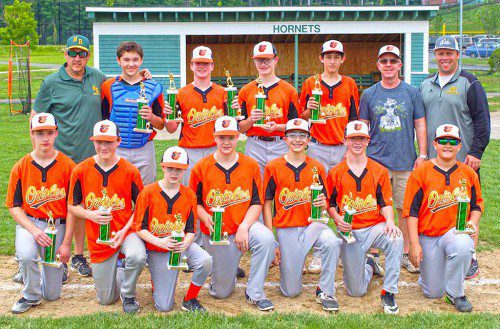 Congratulations to the North Reading Orioles, who captured the town’s Big Diamond Junior Division (ages 13-14) championship, defeating the Blue Jays, 17-3, in the title game Sunday at Carey Park. Pictured are (front row, left to right): Dylan Griffin, Ryan Good, Jeremy Cross, Nick Ciardello, Michael Vittozzi, Nick Shea, and Trevor Rabideau: (back row): Coach Kevin MacIntyre, Anthony Juliano, Will O'Leary, Cooper Mann, Connor MacIntyre, Coach Joe Shea, and Coach Aldo Vittozzi; Not Pictured: Will Taylor.