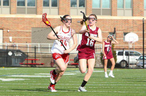 THE MELROSE High girls' lacrosse team fell to Marblehead in the opening round of the Div. 2 North playoffs. (Donna Larsson photo) 