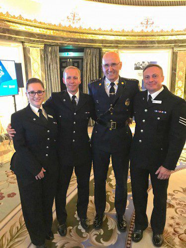 POLICE CHIEF RICK SMITH (second from right) met with the recipients of the UK 2017 Police Bravery Awards, Northumbria Police Service Officers PC Sarah Currie, PC Michael Otterson, and Sgt. Elliot Richardson. Smith was in England last week to address the National Police Chiefs’ Council.