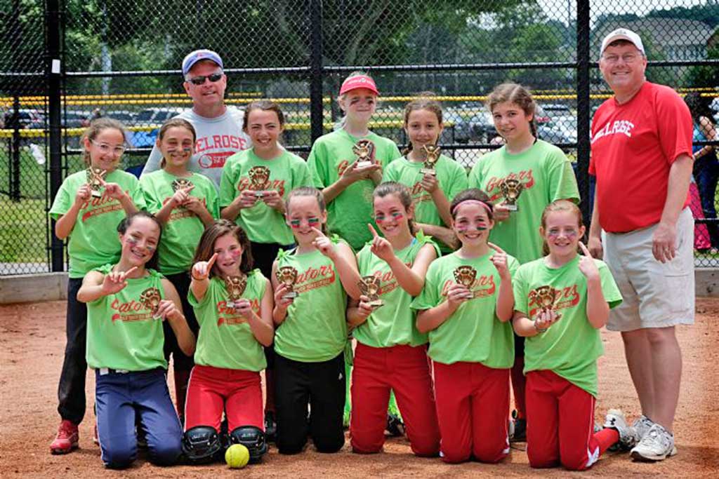 THE GATORS won the Spring 2017 Major League softball championship on June 18 with a perfect record of 14-0. The team, consisting of Melrose 5th and 6th grade girls, led by coaches Terry Tobin and Chris Sleeper, ended a great season on a high note. Keeping the momentum, many of the team members were selected for the traveling Summer U12 team. Pictured here, the Gators celebrate after the championship game. For more information, to join the Board or join the fun, go to melroseyouthsoftball.com.  