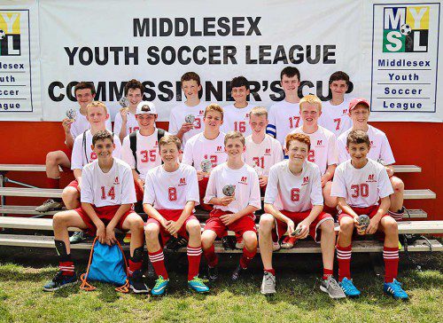 THE MELROSE boys’ U14 soccer team were Commissioner’s Cup champions this year. They followed that up with a great run at the Massachusetts Tournament of Champions where they finished with a 2-1 record. (Tanya O’Hara Courtesy Photo) 