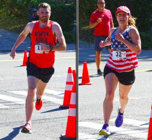 RACE WINNER Shawn Wallace, 36, of Waltham (16:00), (left), and women's winner Julia Hincman-Francavilla, 34, of Beverly (20:01) at the Lynnfield Athletic Association's 50th annual 4th of July road race. (Richie Blake Photos/Yankee Timing) 