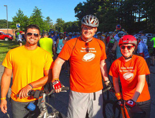 NICK TROPEANO (left) wishes Always Sonny team members Steven (center) and Kevin Connolly a good ride at the Reid’s Ride starting line at Lynnfield High School on Sunday. Always Sonny raised over $1,800 in memory of Nick’s little brother, Sonny Tropeano. (Courtesy Photo)