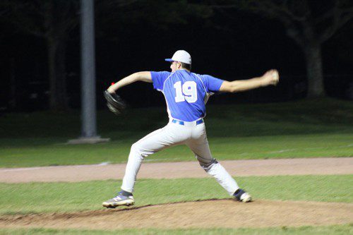 JOE MAGUIRE was electric once again for the Merchants last night in game one of the ICL playoffs. Maguire went nine innings, scattering five hits and one earned run while striking out six Royals.(Dan Pawlowski Photo)