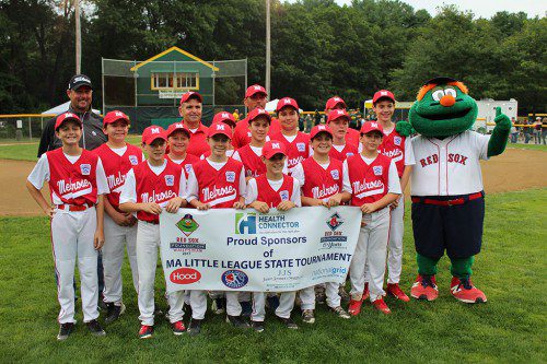 THE MELROSE 12-year-old All-Stars played in the 2017 Massachusetts Little League State Finals last weekend at Benevento Park in North Reading. Melrose, who was one of four finalists to make it to the state championship, got to meet Red Sox legend Tim Wakefield during the opening ceremonies on Thursday. (Dan Pawlowski Photo) 